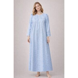 Miss Elaine Nightgown Women Large Blue Paisley Long Sleeve Lace Trim
